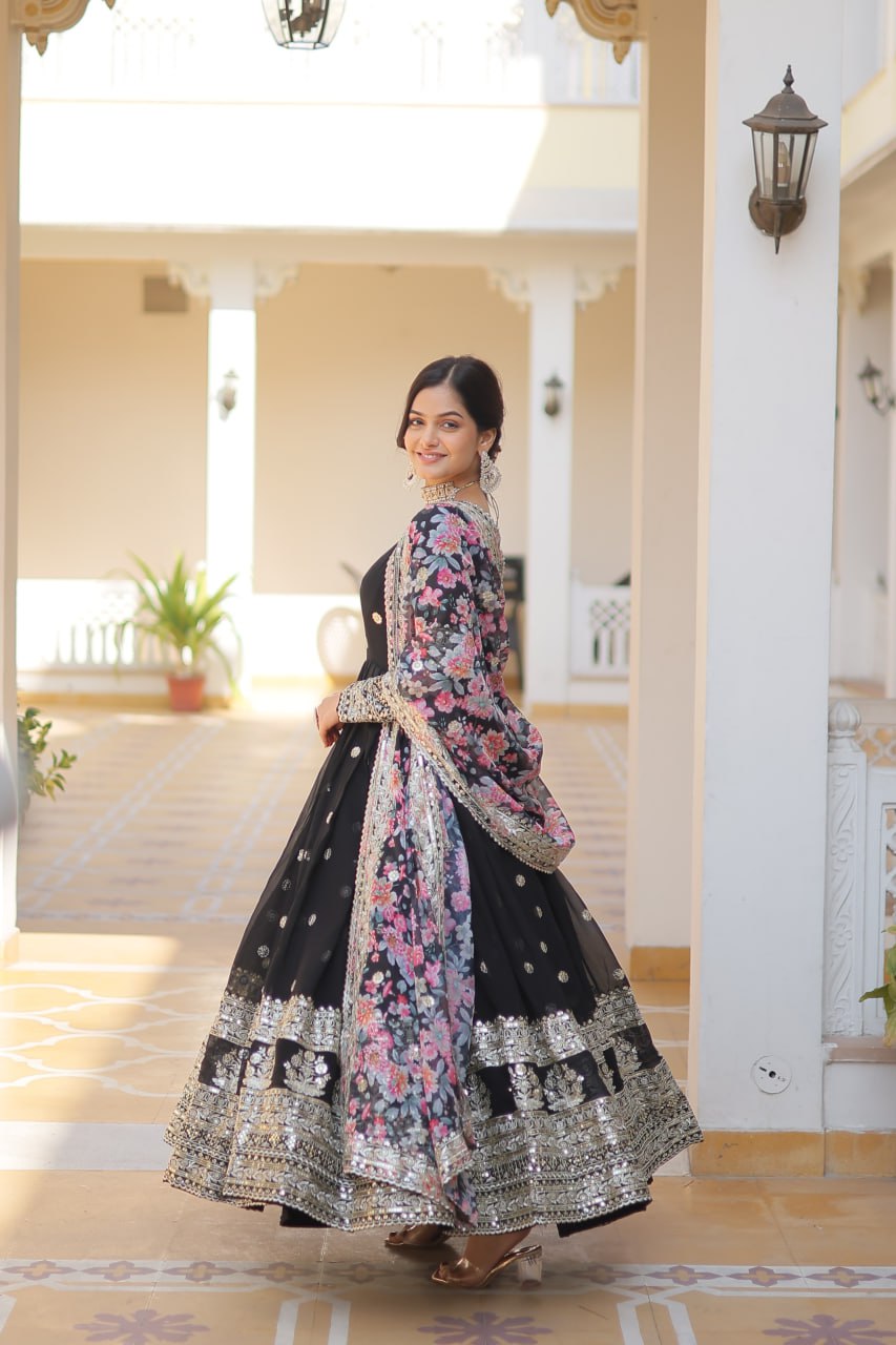 Premium Faux Georgette Embroidered Gown With Designer Dupatta