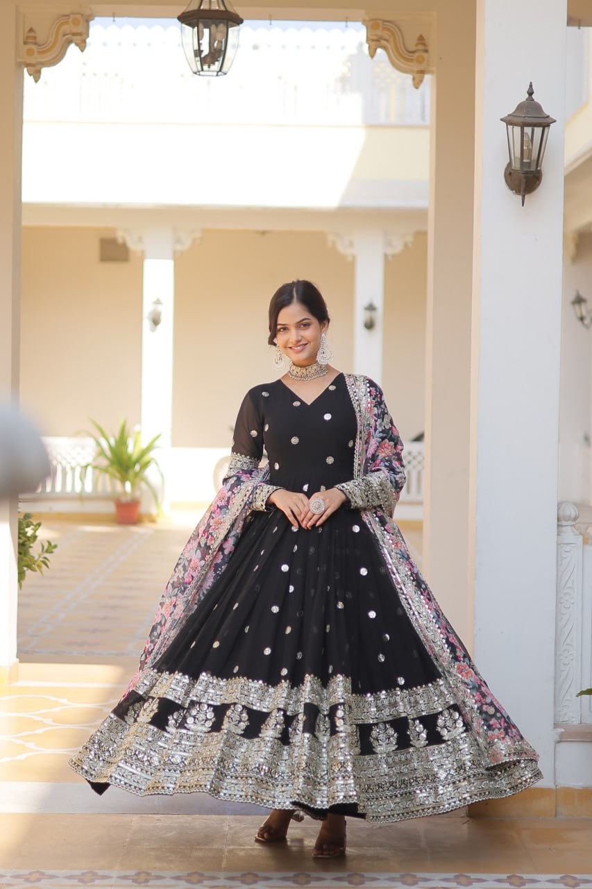 Premium Faux Georgette Embroidered Gown With Designer Dupatta