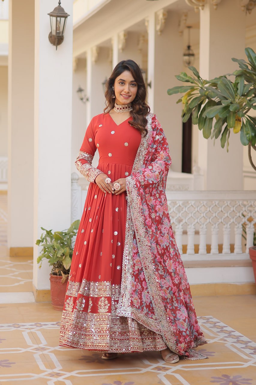 Premium Faux Georgette Embroidered Gown With Designer Dupatta