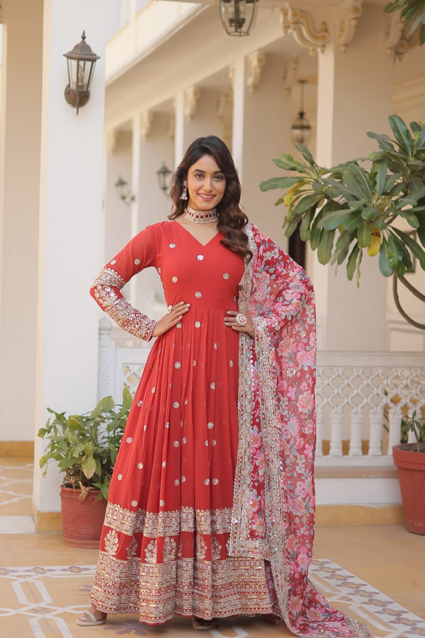 Premium Faux Georgette Embroidered Gown With Designer Dupatta