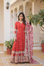Premium Faux Georgette Embroidered Gown With Designer Dupatta