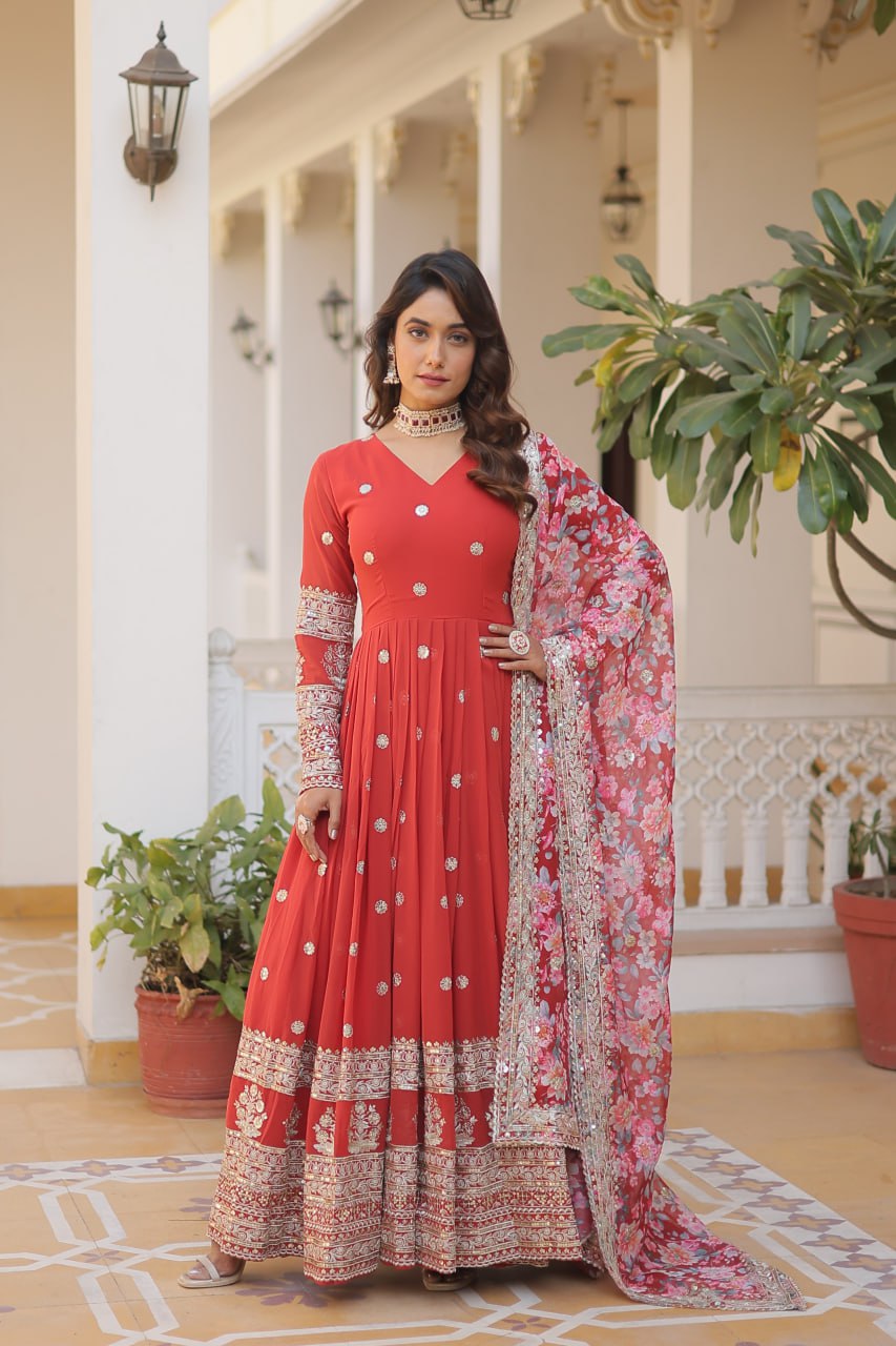 Premium Faux Georgette Embroidered Gown With Designer Dupatta