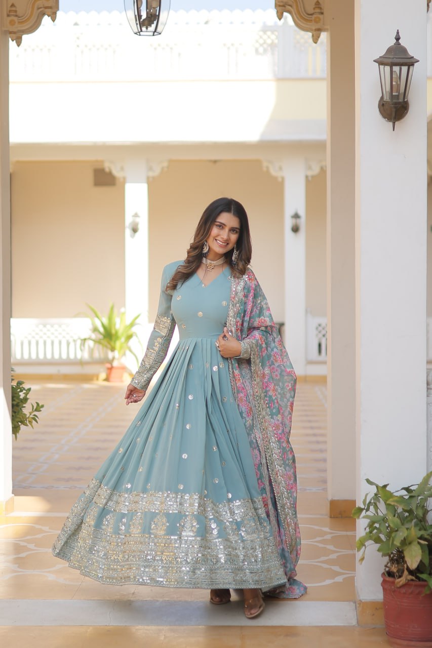 Premium Faux Georgette Embroidered Gown With Designer Dupatta