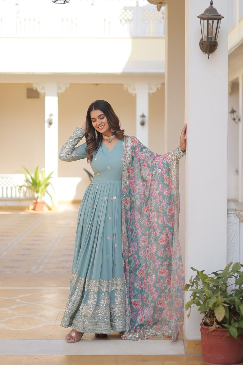 Premium Faux Georgette Embroidered Gown With Designer Dupatta