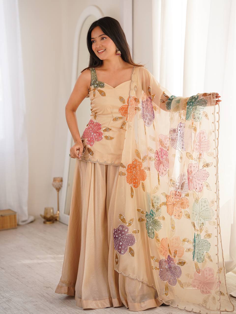 Cream Organza Sequence Western Dress