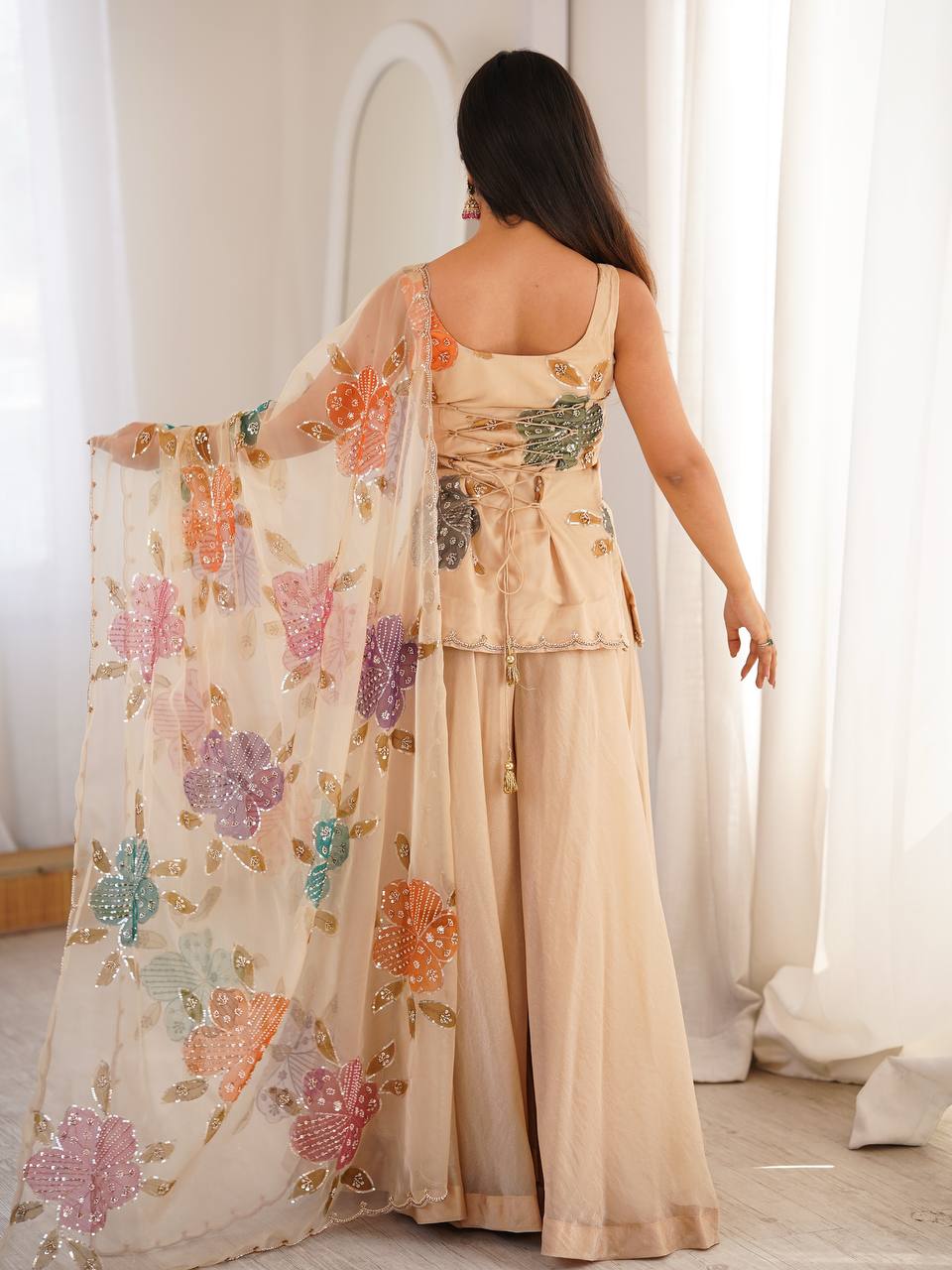 Cream Organza Sequence Western Dress