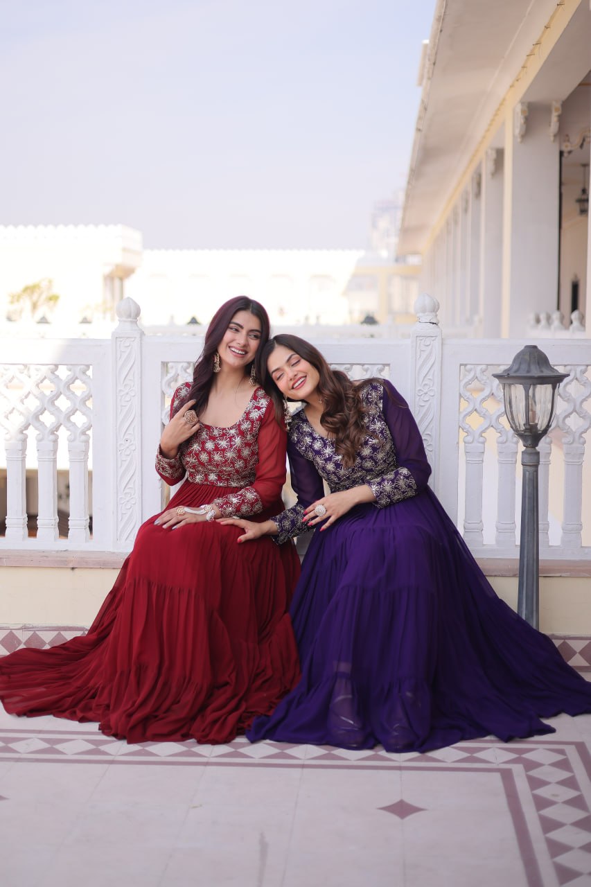 Premium Sequins Embroidered Layered Party Wear Gown