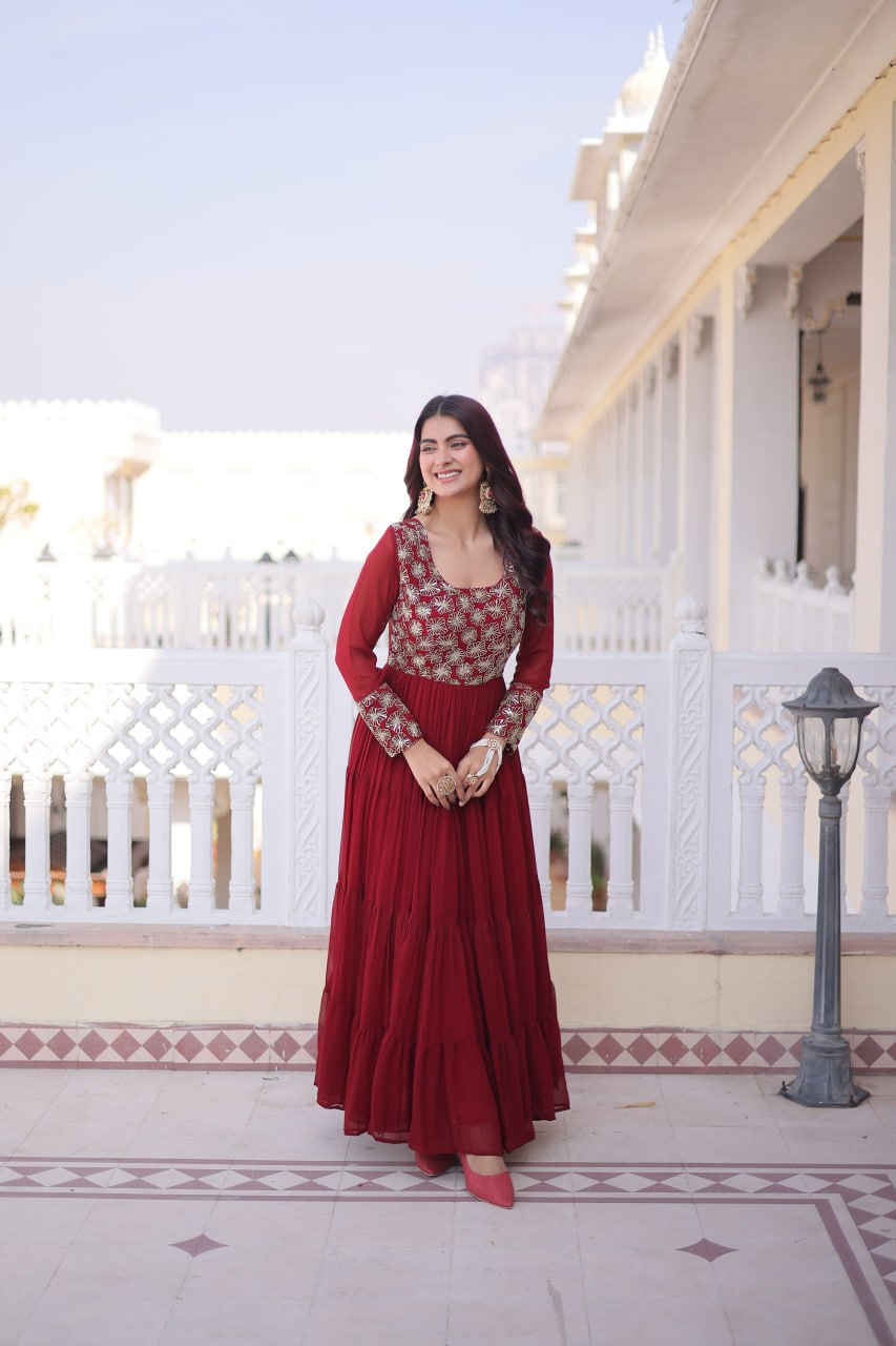 Premium Sequins Embroidered Layered Party Wear Gown