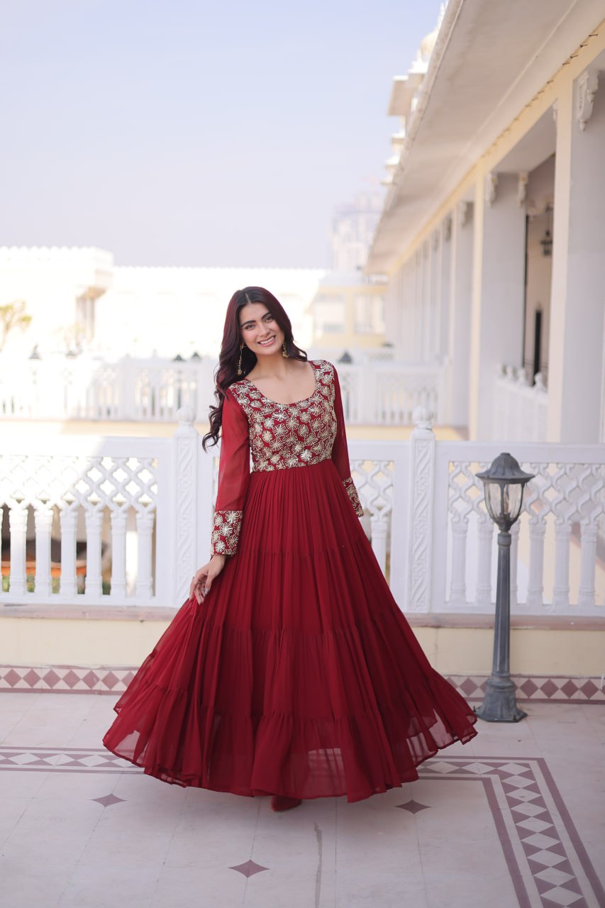 Premium Sequins Embroidered Layered Party Wear Gown