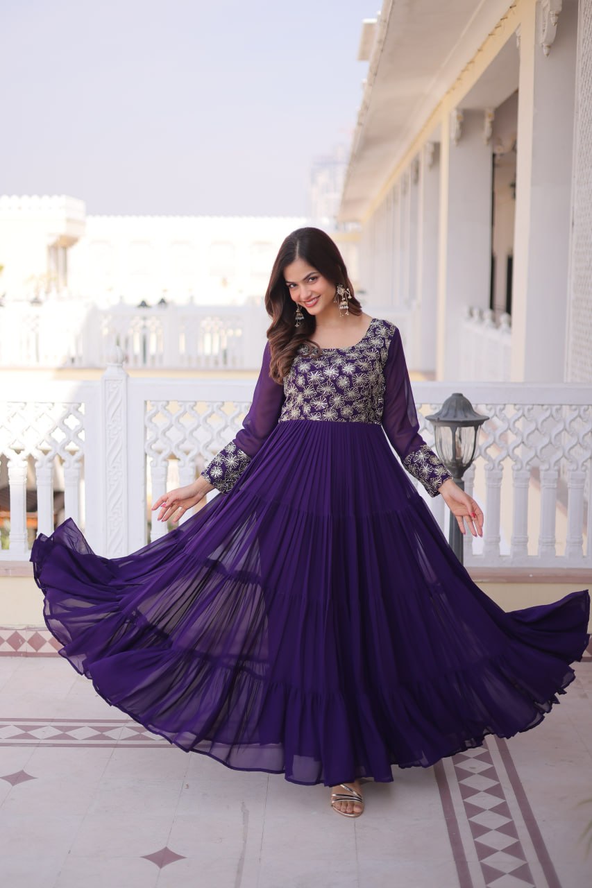 Premium Sequins Embroidered Layered Party Wear Gown