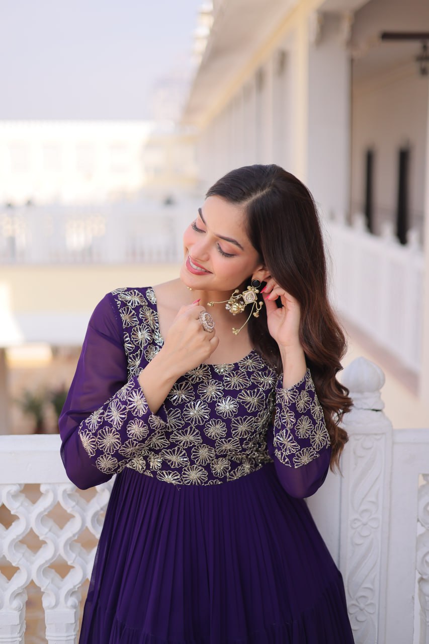 Premium Sequins Embroidered Layered Party Wear Gown
