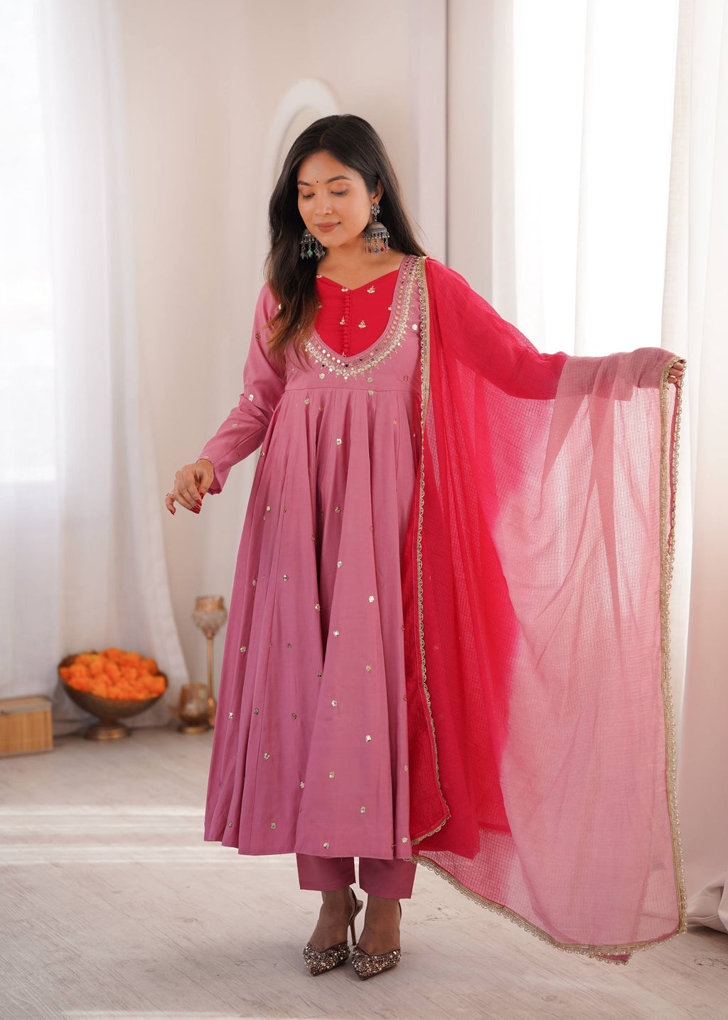 Raksha Bandhan Special Embroidered Anarkali Suit Set with Real Mirror Work