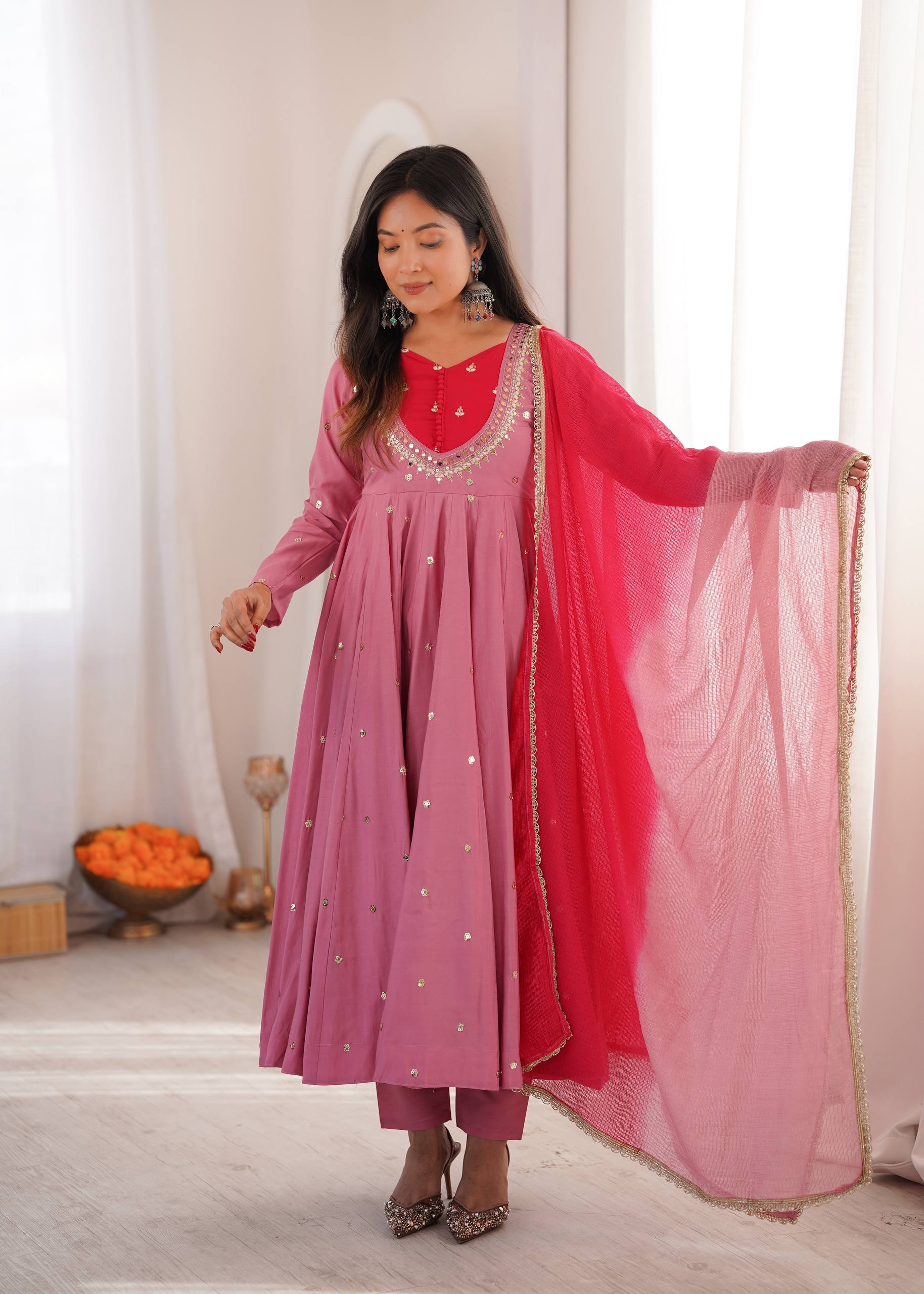 Raksha Bandhan Special Embroidered Anarkali Suit Set with Real Mirror Work
