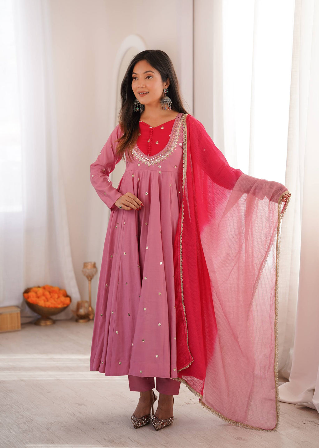 Raksha Bandhan Special Embroidered Anarkali Suit Set with Real Mirror Work