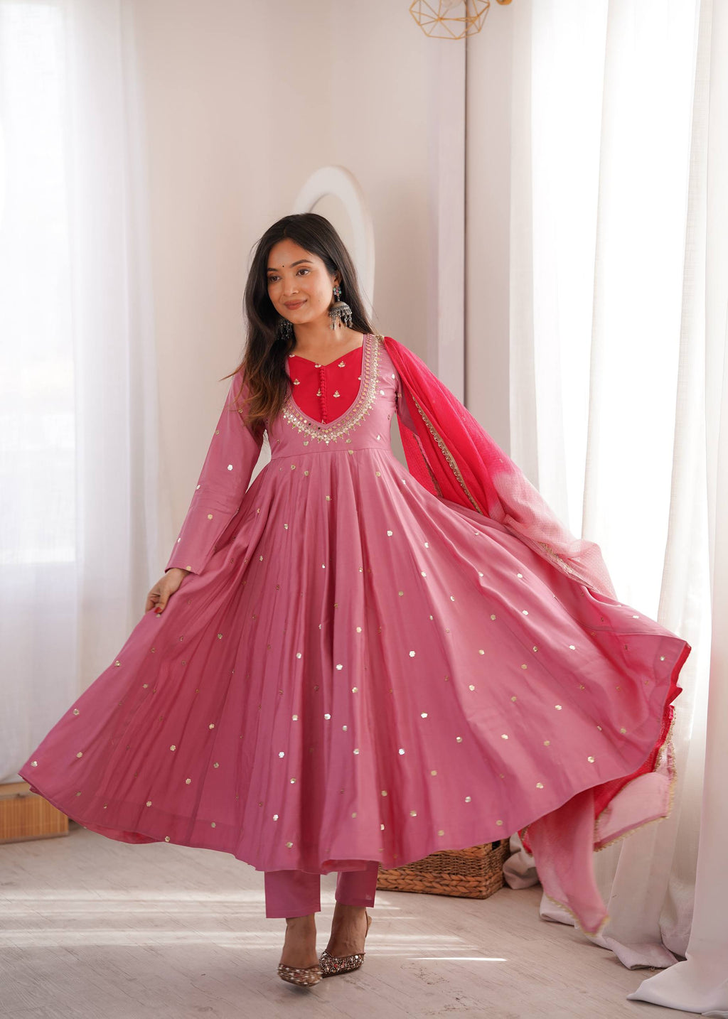 Raksha Bandhan Special Embroidered Anarkali Suit Set with Real Mirror Work