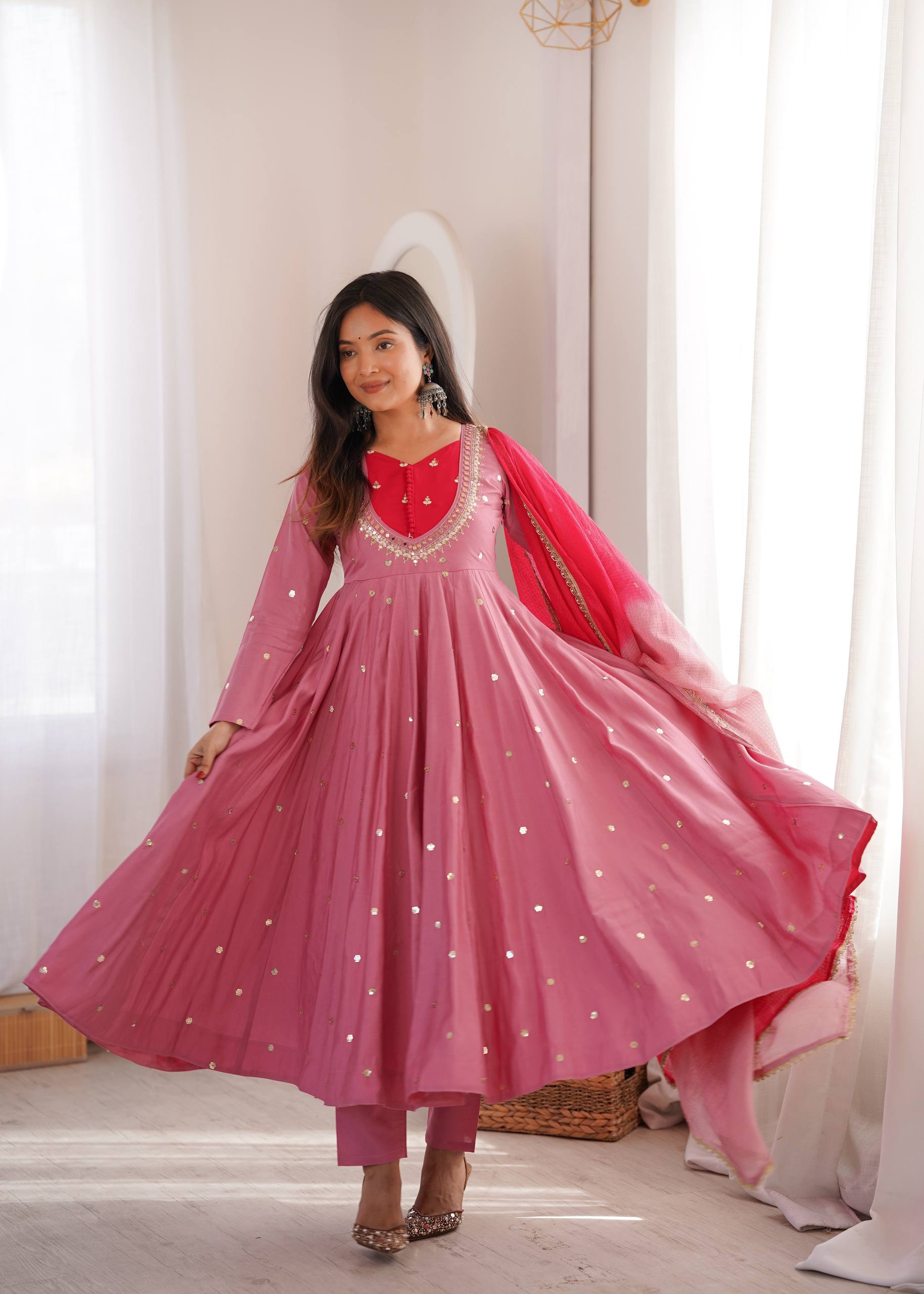 Raksha Bandhan Special Embroidered Anarkali Suit Set with Real Mirror Work