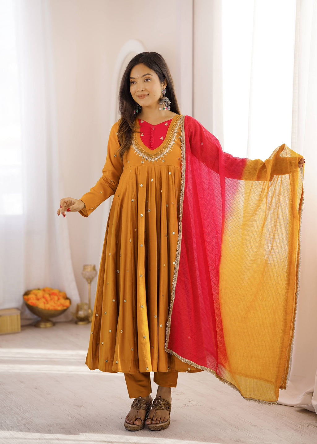 Raksha Bandhan Special Embroidered Anarkali Suit Set with Real Mirror Work