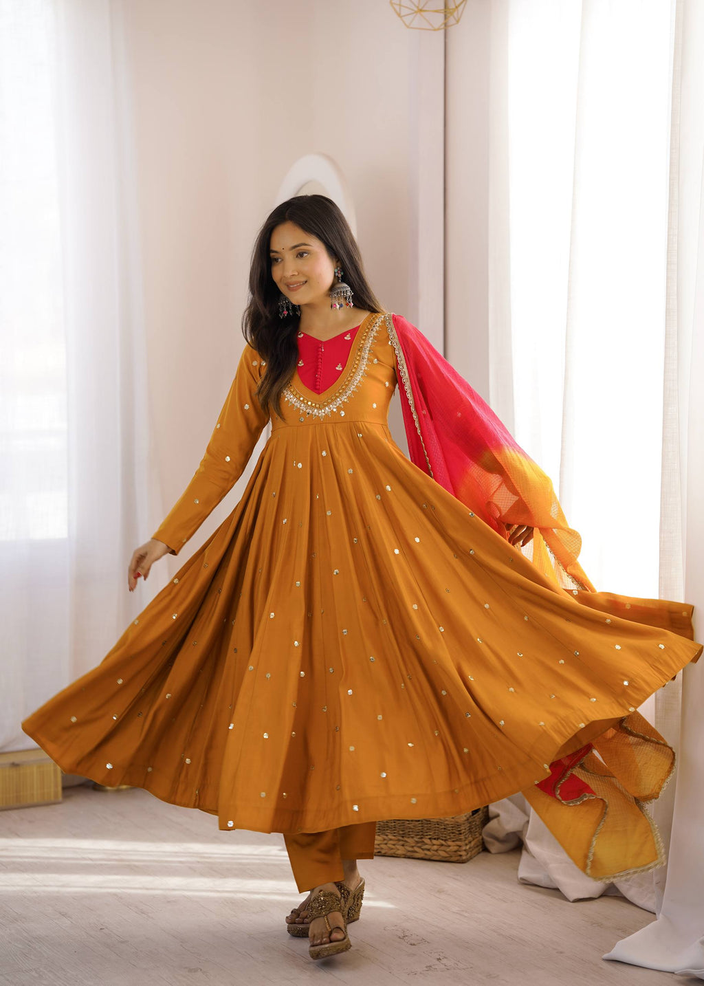 Raksha Bandhan Special Embroidered Anarkali Suit Set with Real Mirror Work