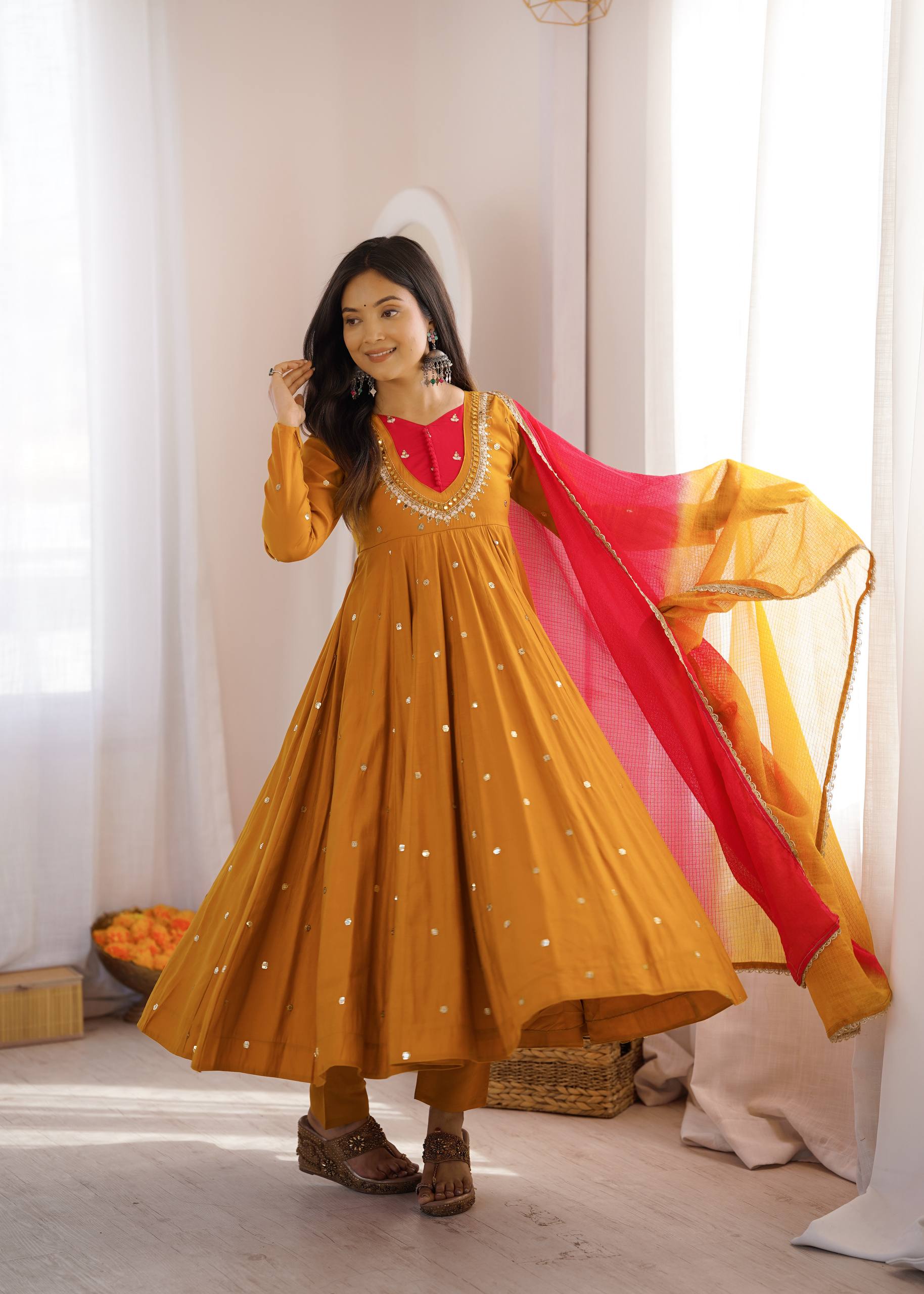 Raksha Bandhan Special Embroidered Anarkali Suit Set with Real Mirror Work