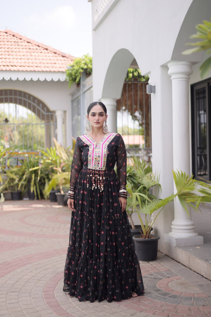Navratri Laheriya Print Kutchi Patchwork Gown with 12 Meter Flare
