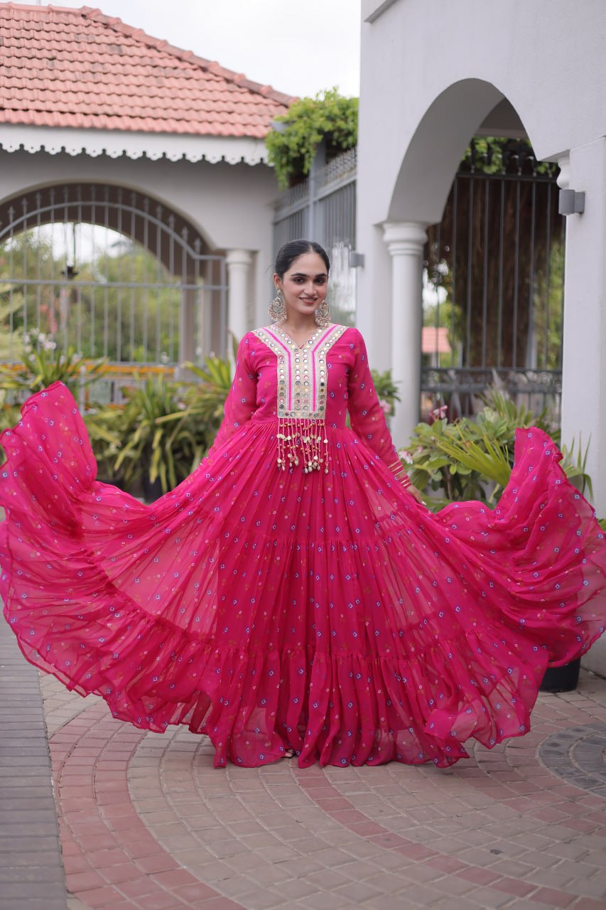 Navratri Laheriya Print Kutchi Patchwork Gown with 12 Meter Flare