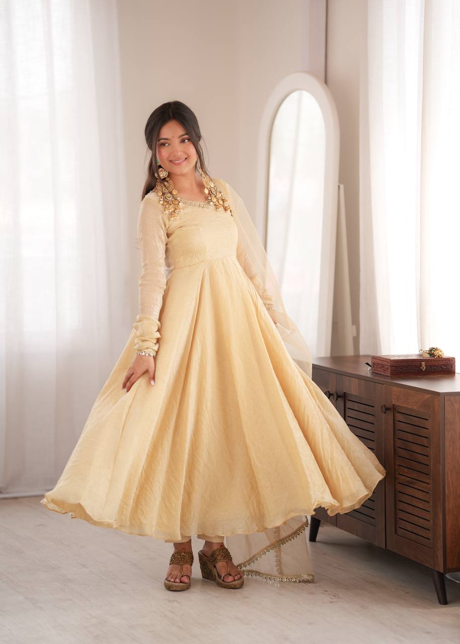 Cream Doremon Crush Anarkali Suit Set with 7 Meter Flair And Real Mirror Work