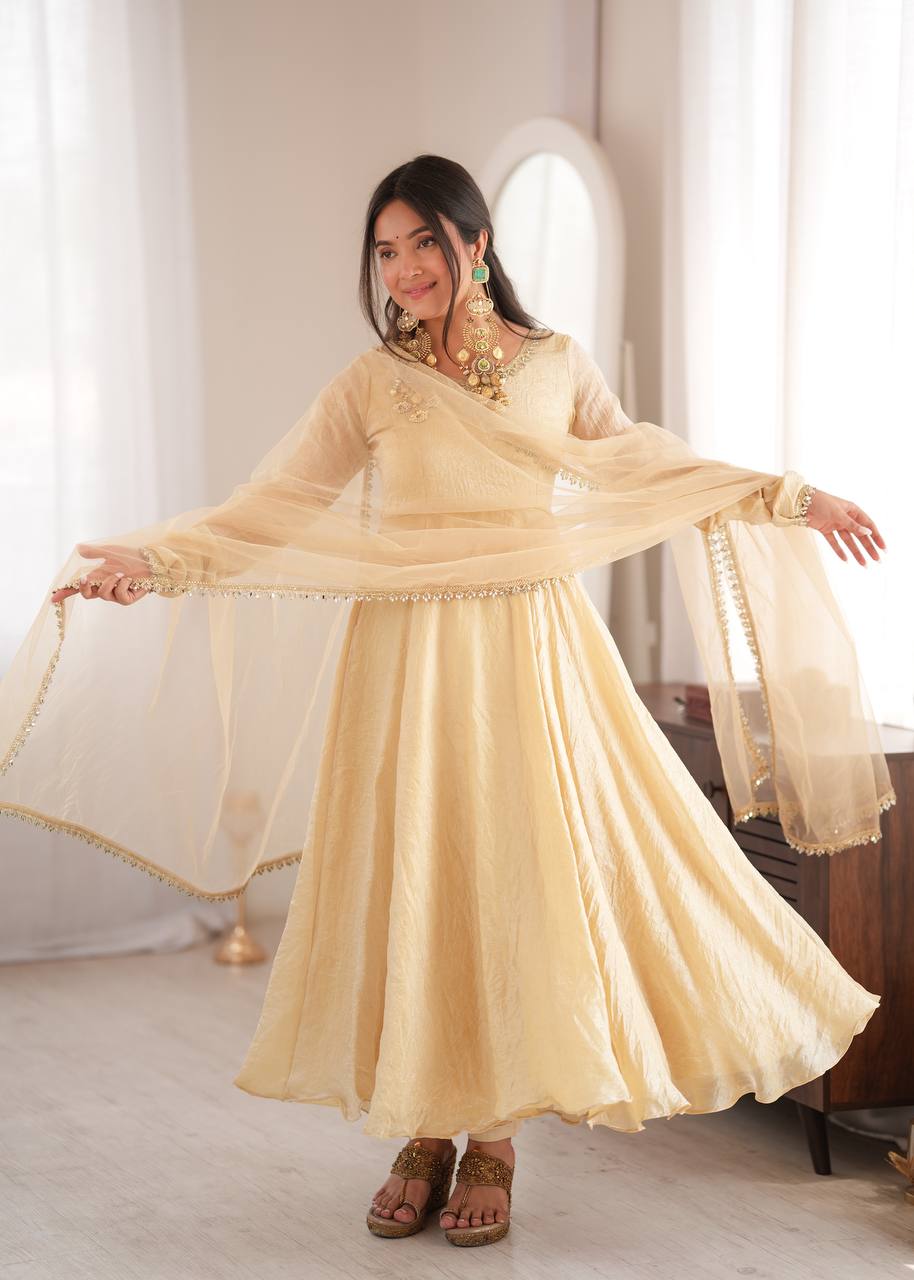 Cream Doremon Crush Anarkali Suit Set with 7 Meter Flair And Real Mirror Work
