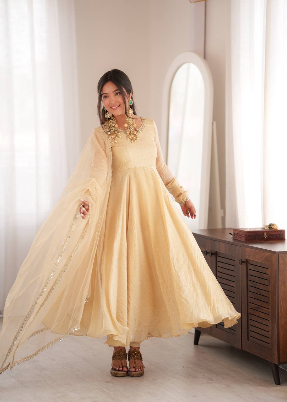 Cream Doremon Crush Anarkali Suit Set with 7 Meter Flair And Real Mirror Work