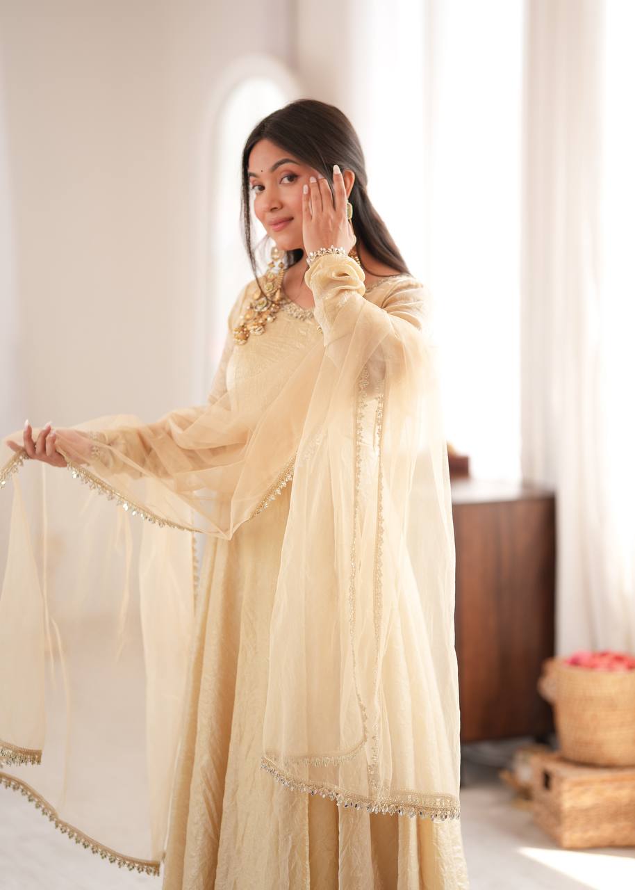 Cream Doremon Crush Anarkali Suit Set with 7 Meter Flair And Real Mirror Work