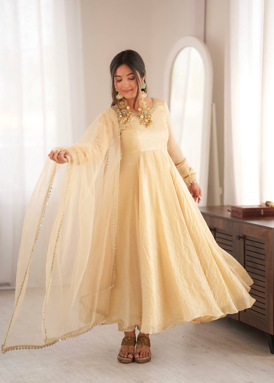 Cream Doremon Crush Anarkali Suit Set with 7 Meter Flair And Real Mirror Work