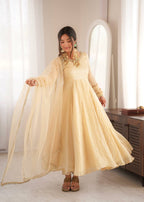 Cream Doremon Crush Anarkali Suit Set with 7 Meter Flair And Real Mirror Work