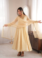 Cream Doremon Crush Anarkali Suit Set with 7 Meter Flair And Real Mirror Work
