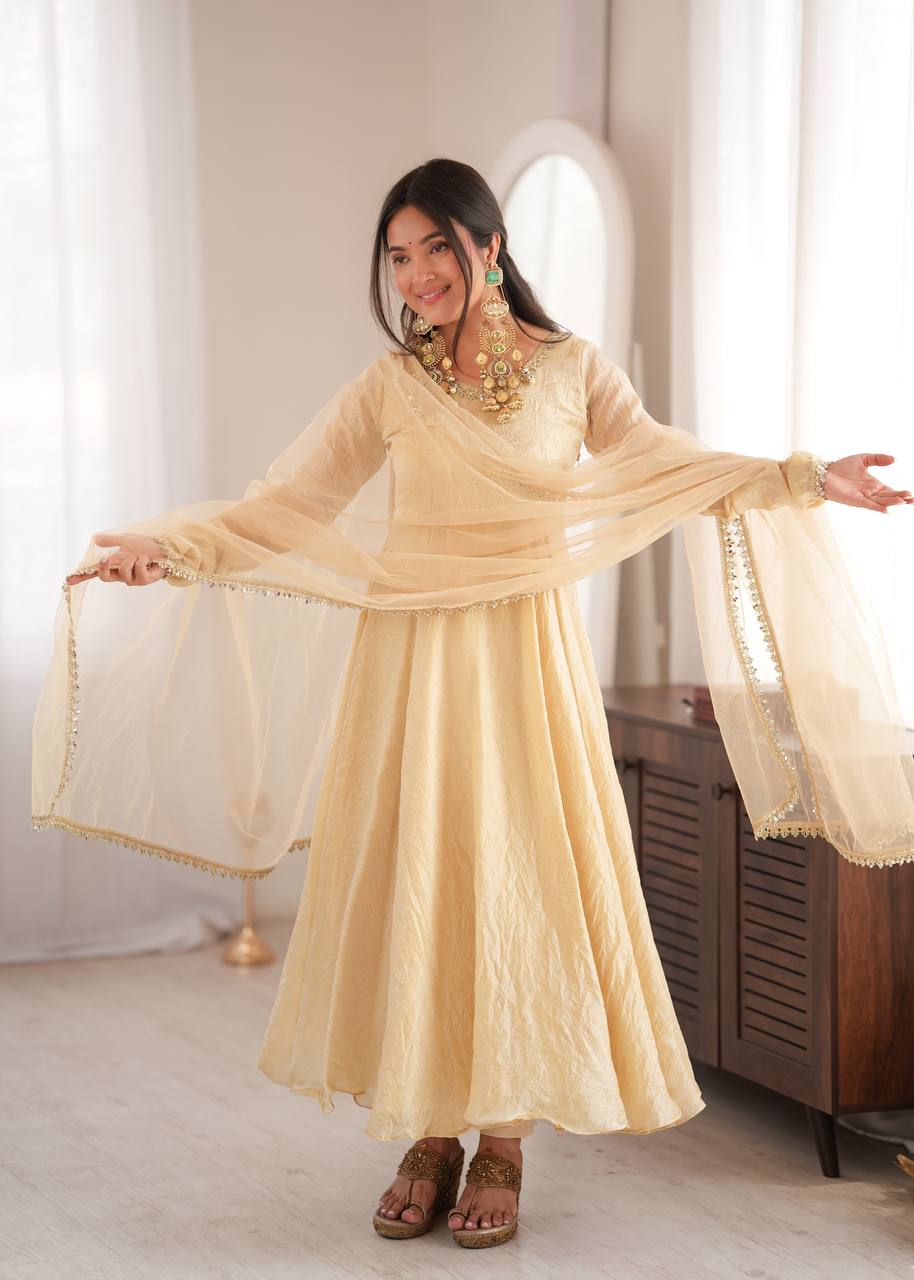 Cream Doremon Crush Anarkali Suit Set with 7 Meter Flair And Real Mirror Work