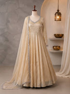 Cream Doremon Crush Anarkali Suit Set with 7 Meter Flair And Real Mirror Work