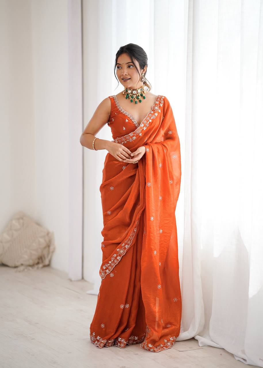 Premium Fendy Silk Thread & Sequin Embroidered Saree