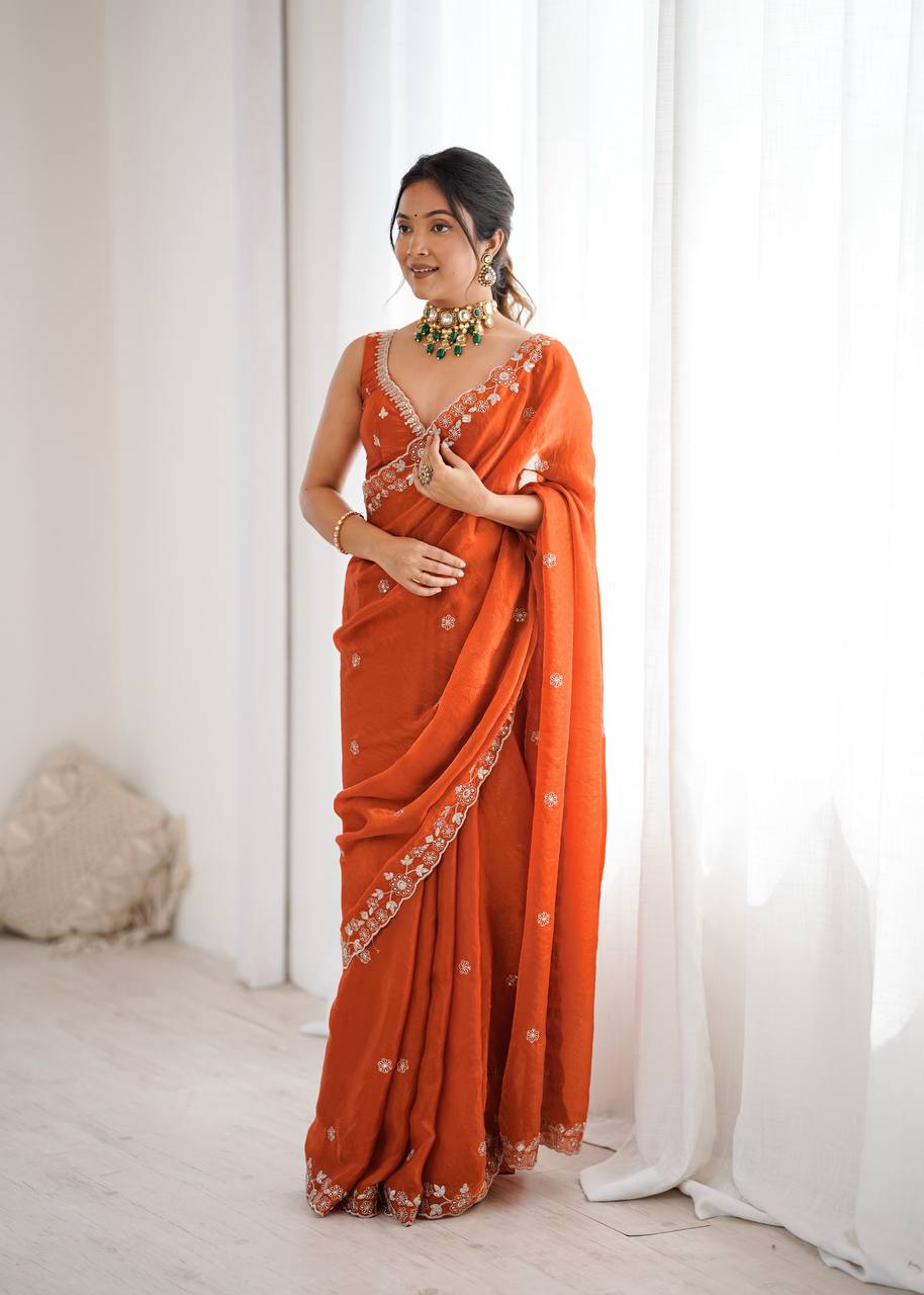 Premium Fendy Silk Thread & Sequin Embroidered Saree