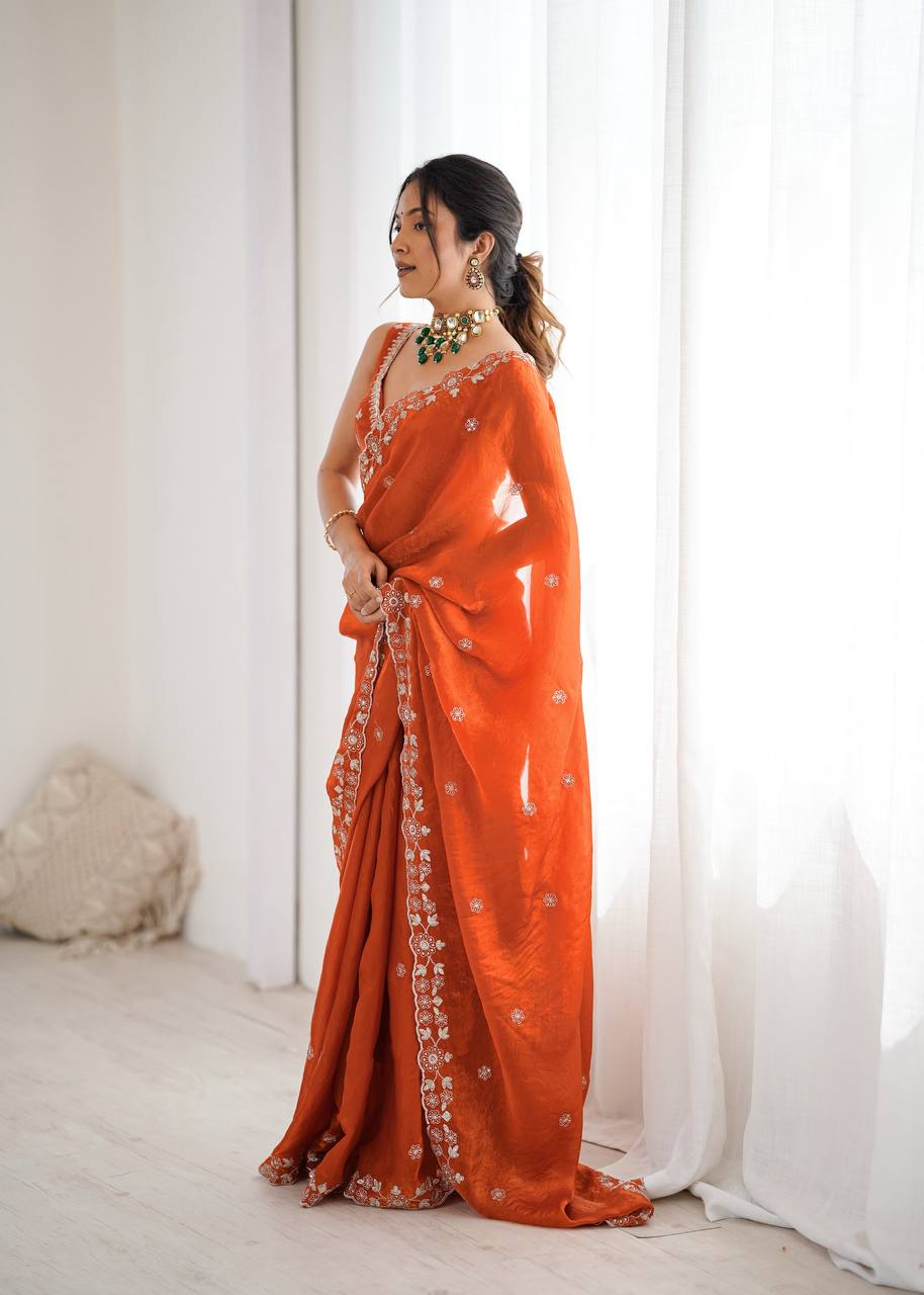 Premium Fendy Silk Thread & Sequin Embroidered Saree