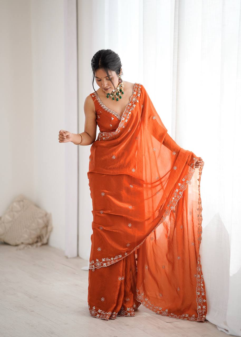 Premium Fendy Silk Thread & Sequin Embroidered Saree