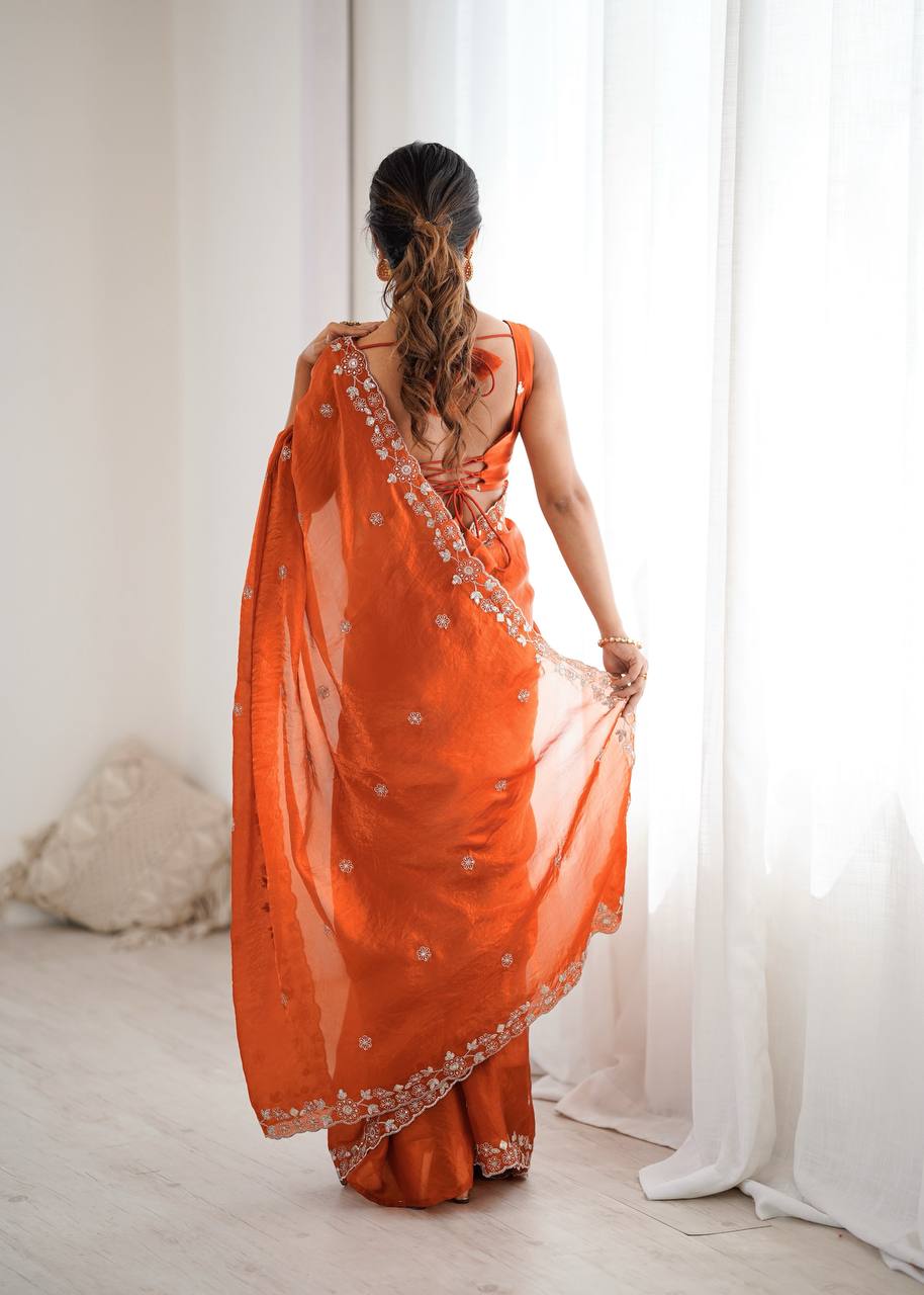 Premium Fendy Silk Thread & Sequin Embroidered Saree