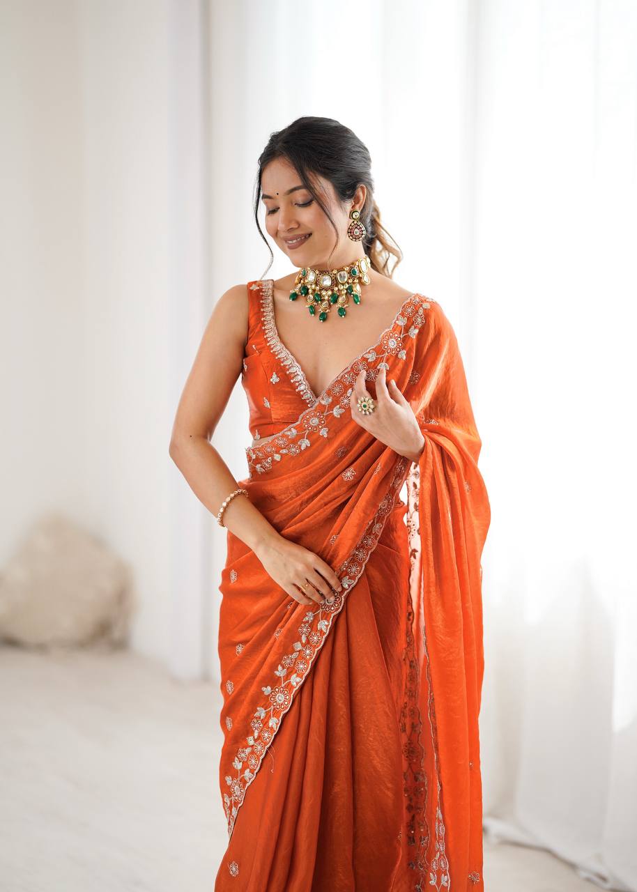 Premium Fendy Silk Thread & Sequin Embroidered Saree