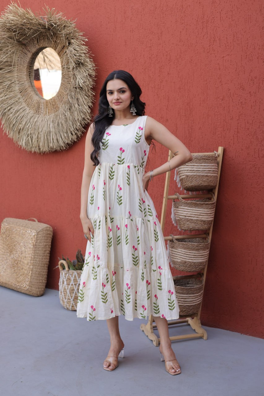 Premium Printed Cotton Flared Sleeveless Kurti