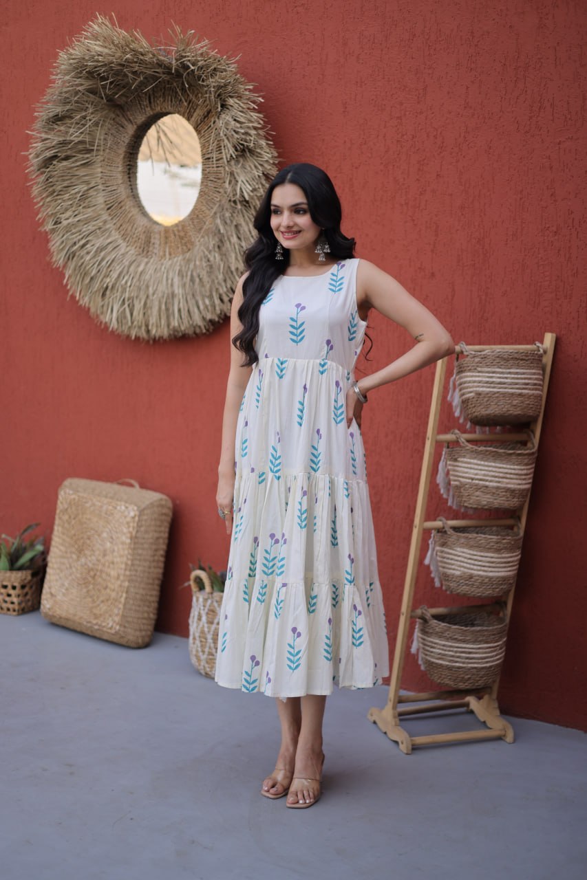 Premium Printed Cotton Flared Sleeveless Kurti
