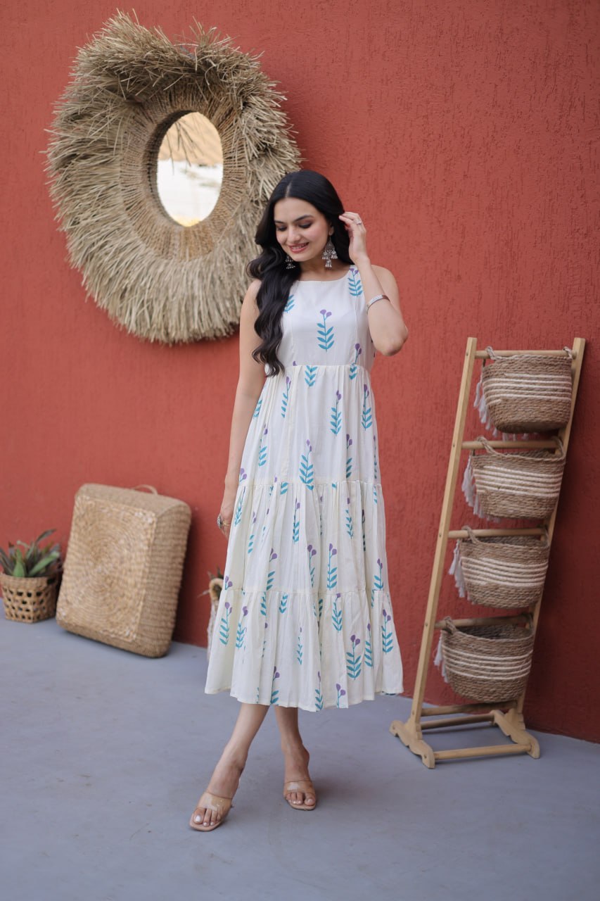 Premium Printed Cotton Flared Sleeveless Kurti