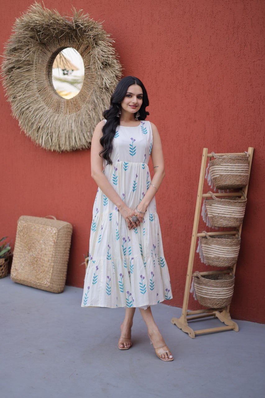 Premium Printed Cotton Flared Sleeveless Kurti