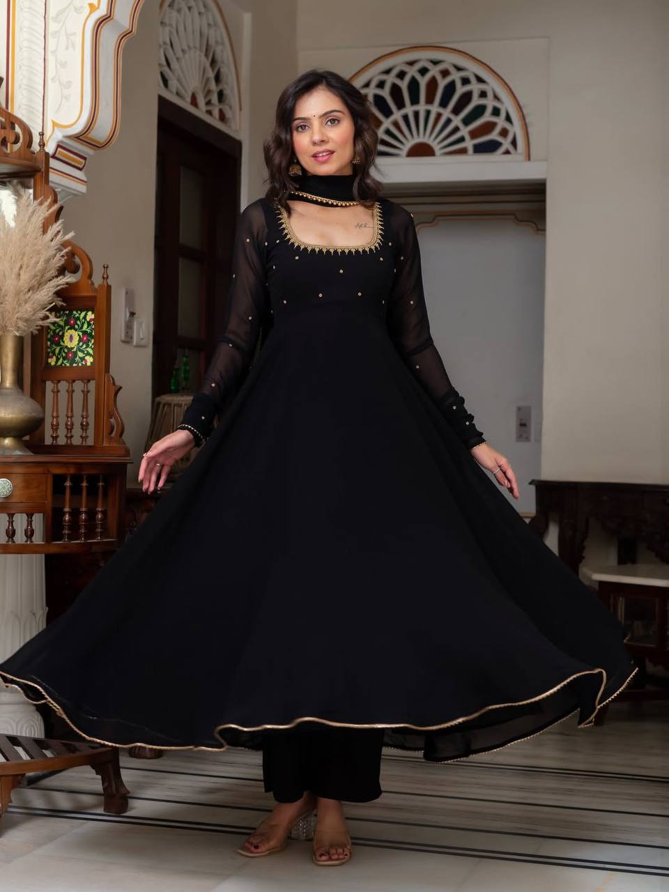 Black Embroidered Anarkali Suit Set with Dupatta