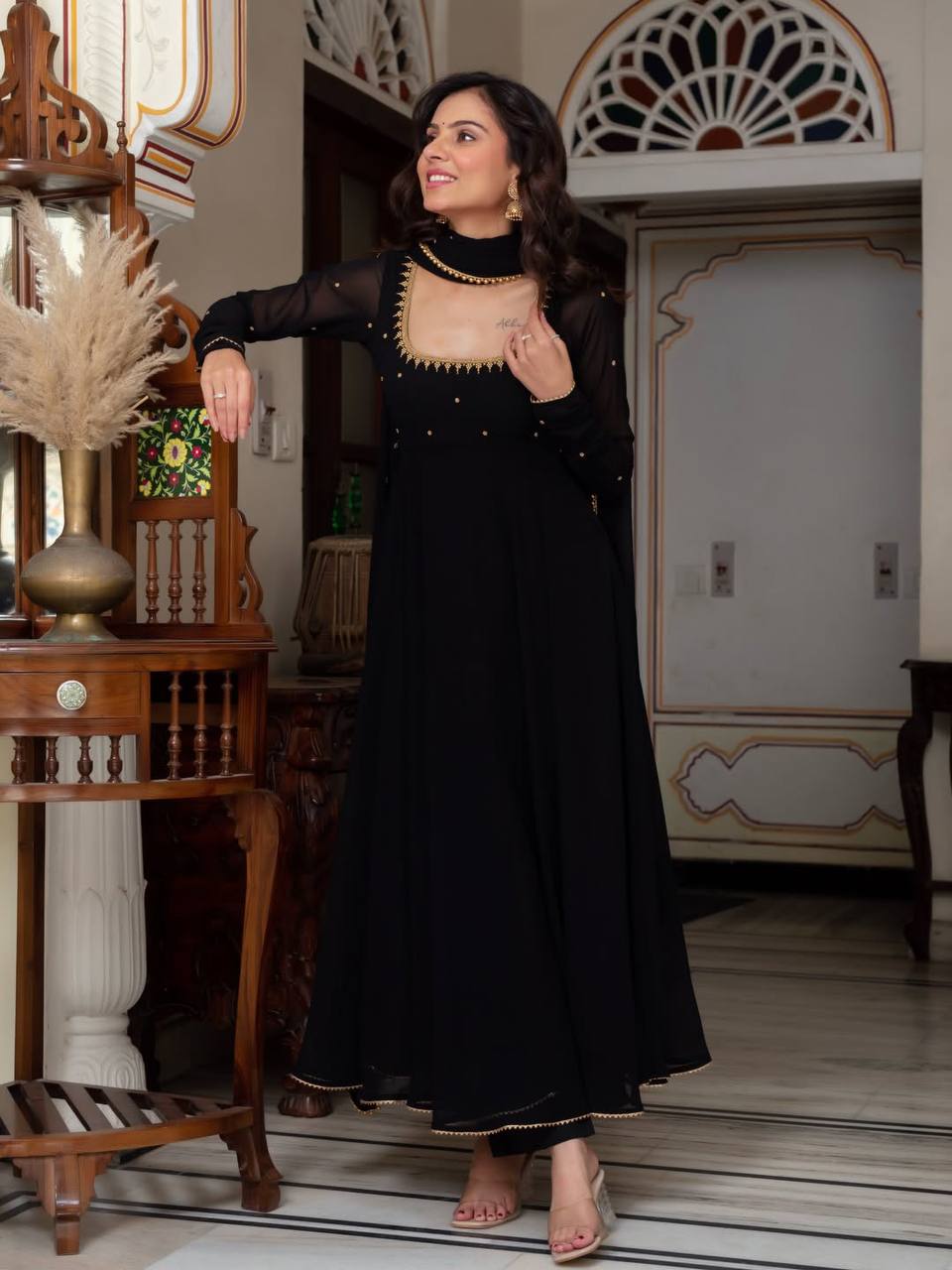 Black Embroidered Anarkali Suit Set with Dupatta
