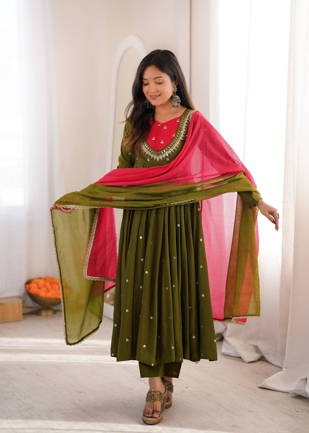 Raksha Bandhan Special Embroidered Anarkali Suit Set with Real Mirror Work