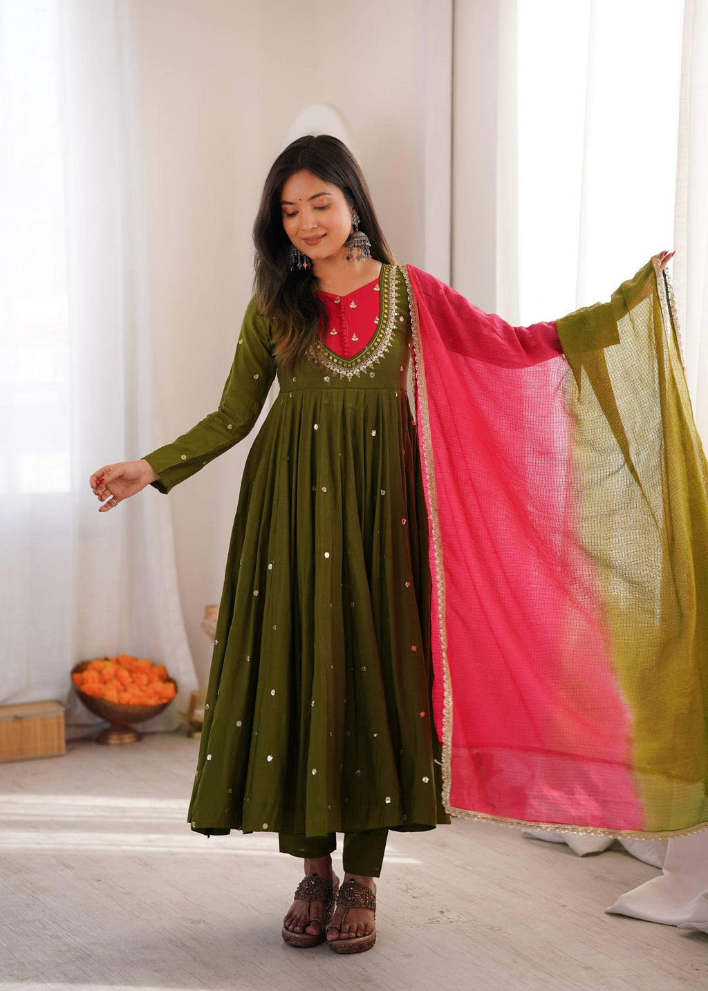 Raksha Bandhan Special Embroidered Anarkali Suit Set with Real Mirror Work