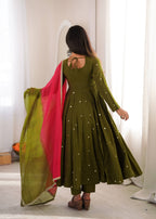 Raksha Bandhan Special Embroidered Anarkali Suit Set with Real Mirror Work