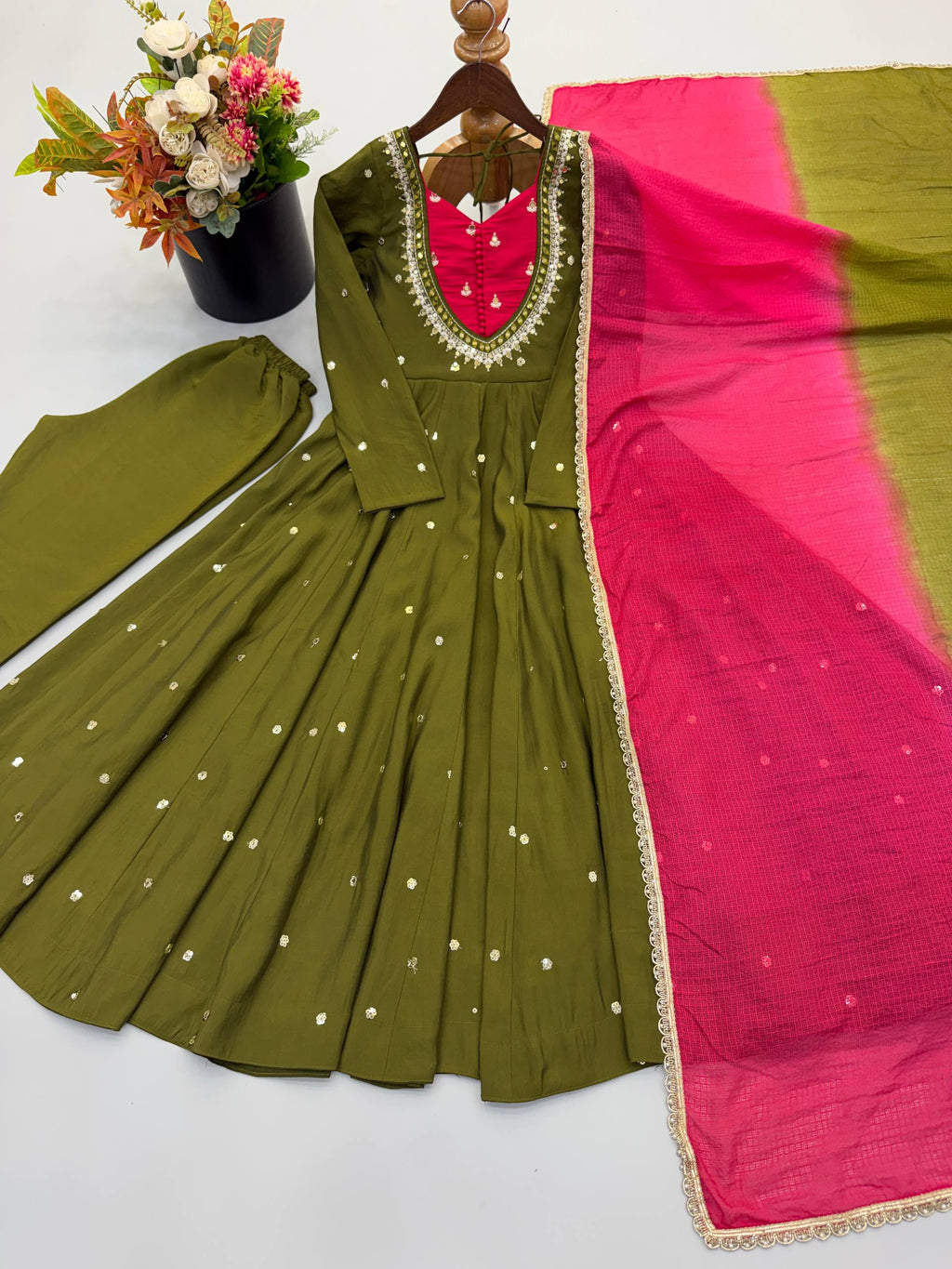 Raksha Bandhan Special Embroidered Anarkali Suit Set with Real Mirror Work